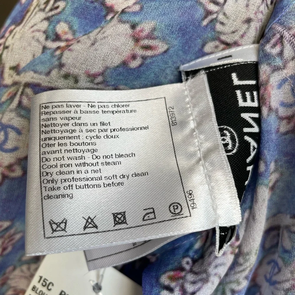 Chanel 15c silk blouse blue scarf logo shirt sz 34